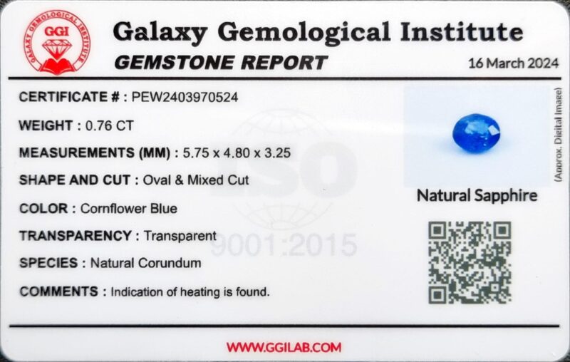0.76 ct Natural Cornflower Blue Sapphire Gemstone Certified by Galaxy Gemological Institute | Oval Shape